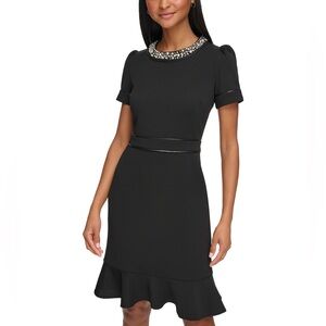 Karl Lagerfeld Womens Imitation-Pearl-Collar Flounce Hem Dress Black Sz 12